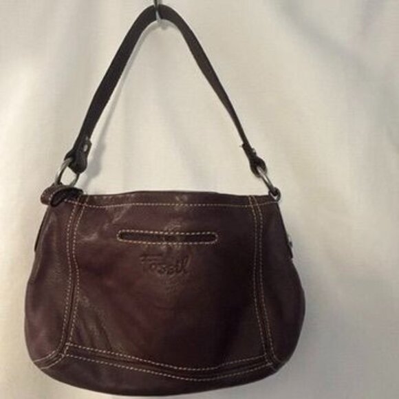 Vintage Fossil Brown Leather Shoulder Boho Bag Purse Silver Key Charm Zip - Picture 3 of 15